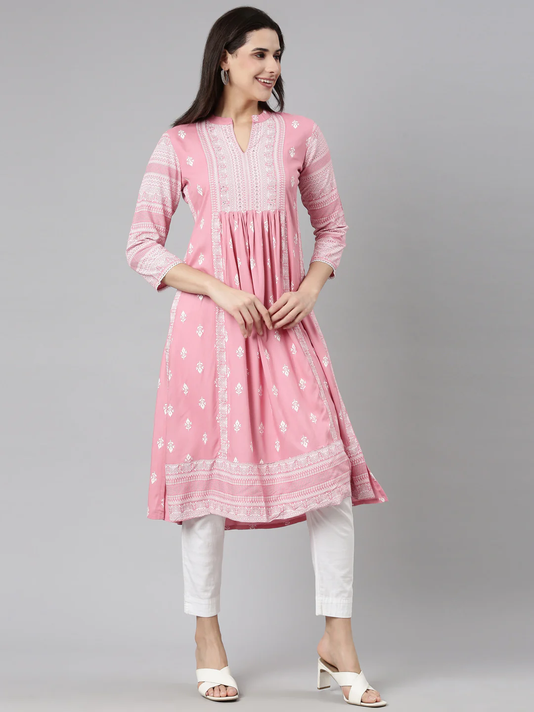 Neerus Pink Pleated Straight Woven Design Kurta - Image 2