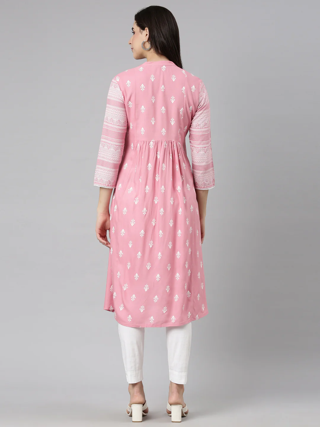 Neerus Pink Pleated Straight Woven Design Kurta - Image 3