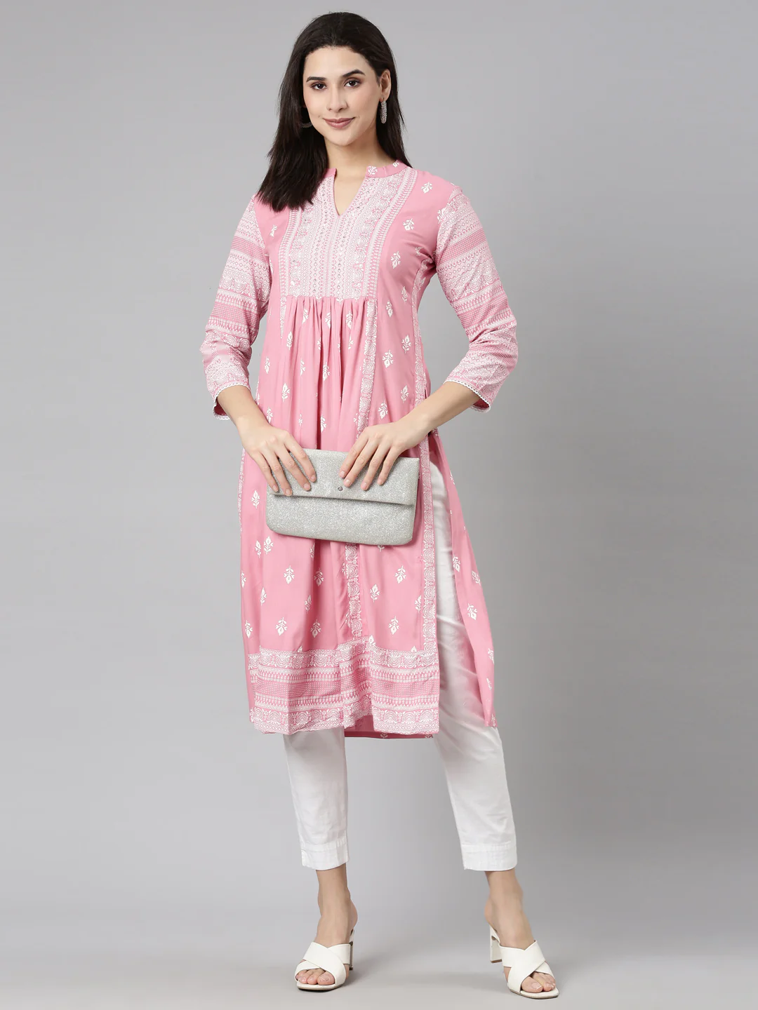 Neerus Pink Pleated Straight Woven Design Kurta - Image 4