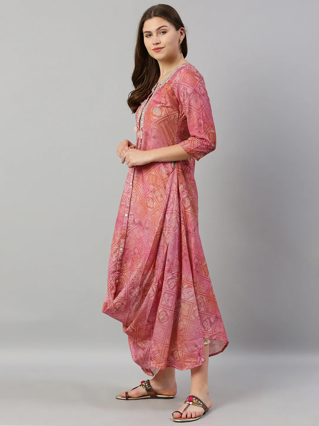 Neerus Pink Printed A Line Kurta - Image 3