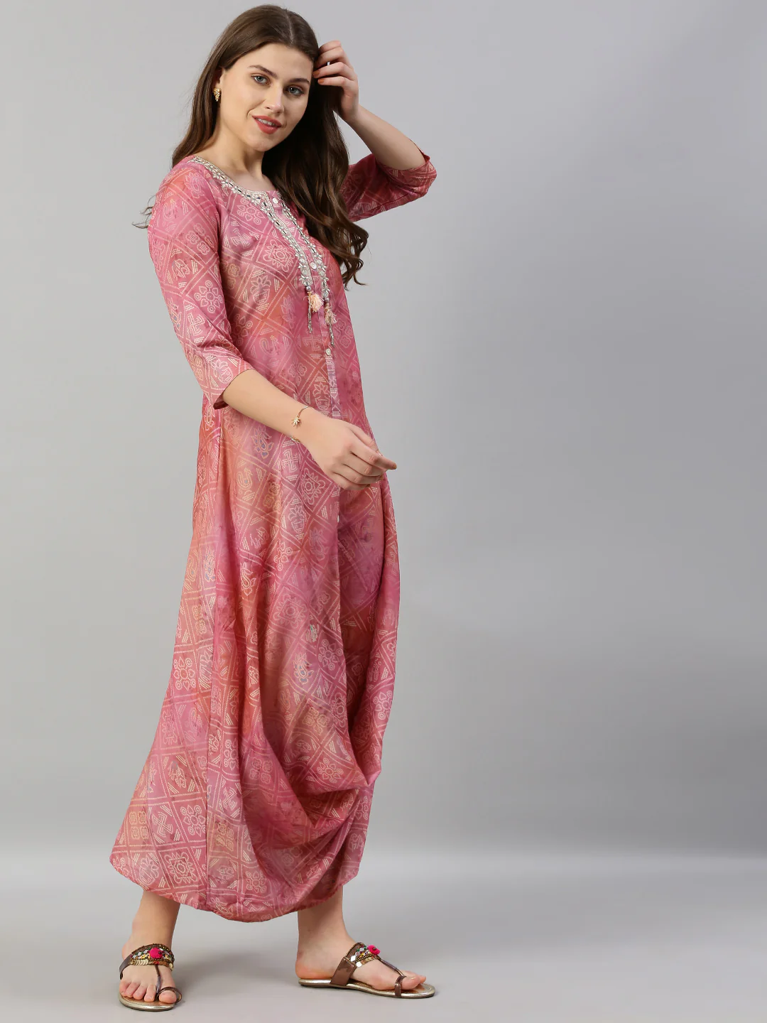 Neerus Pink Printed A Line Kurta - Image 5
