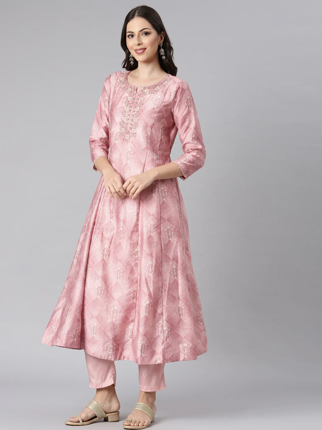 Neerus Pink Printed Anarkali Kurta and Trousers With Dupatta - Image 2