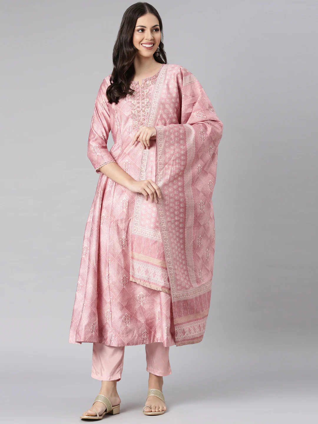 Neerus Pink Printed Anarkali Kurta and Trousers With Dupatta - Image 5