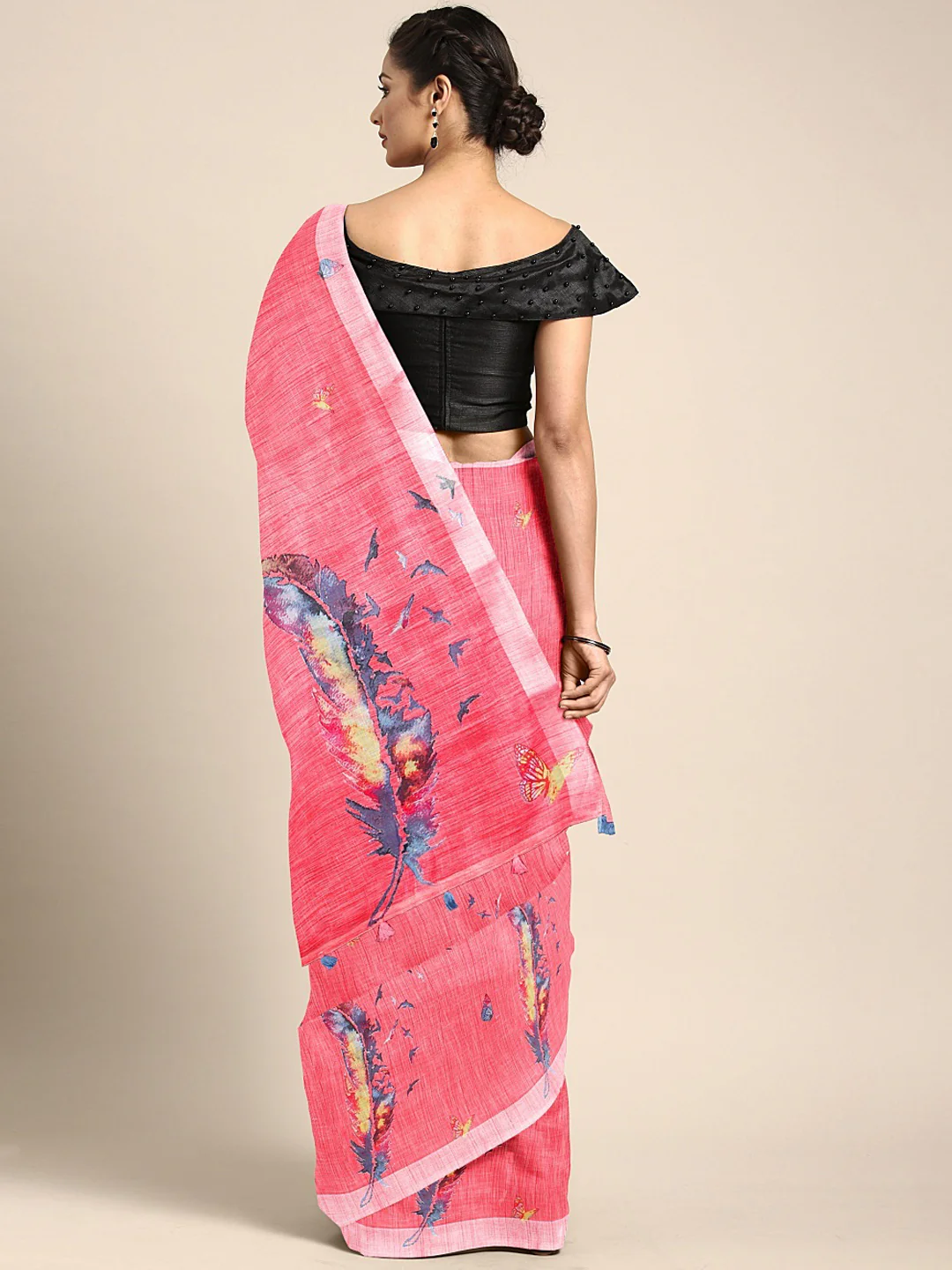 Neerus Pink Printed Saree With Blouse - Image 2