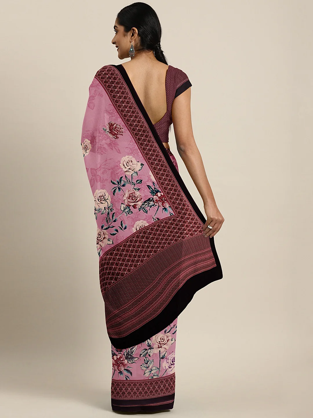 Neerus Pink Printed Saree With Blouse - Image 2