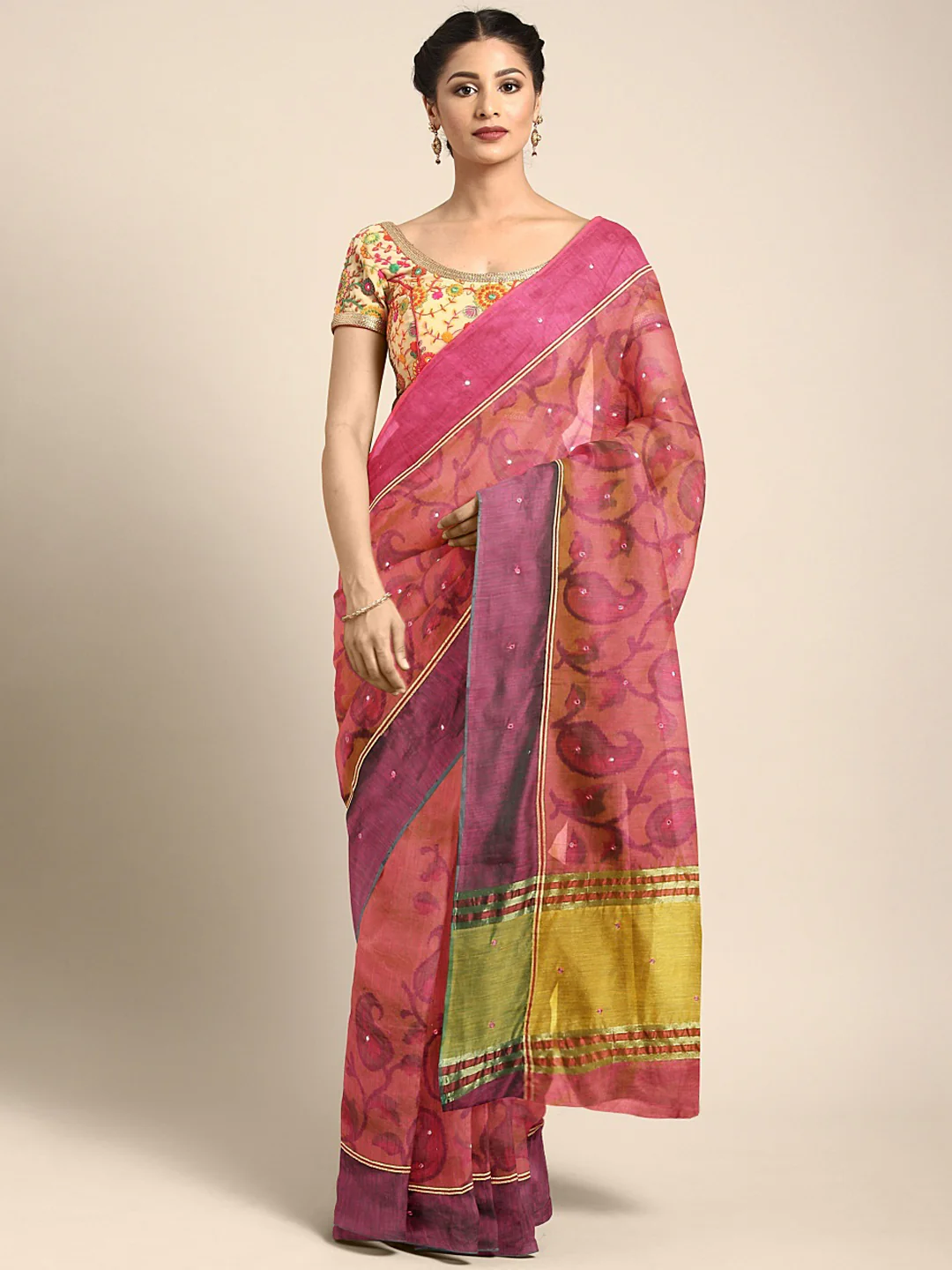 Neerus Pink Printed Saree With Blouse