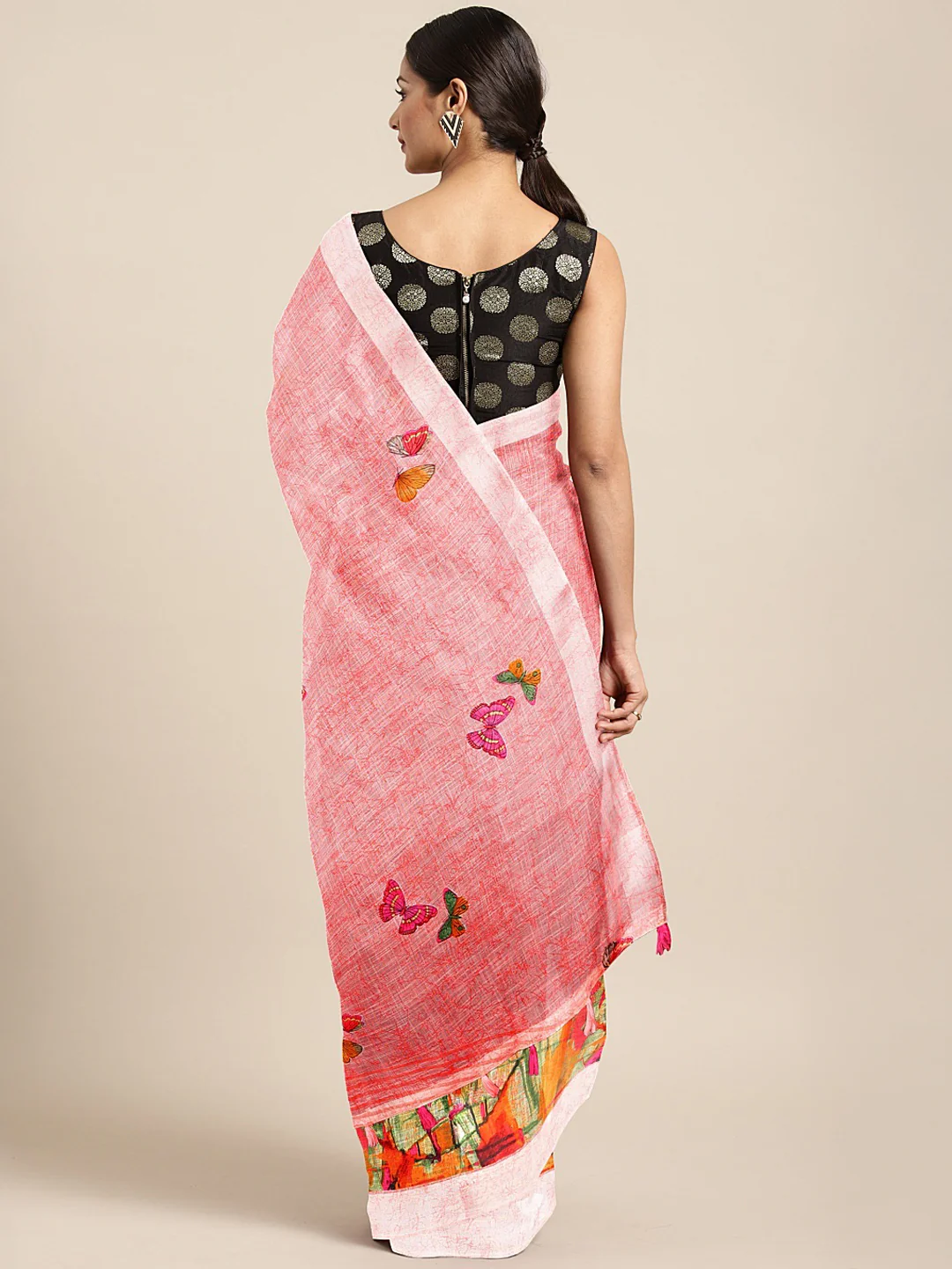 Neerus Pink Printed Saree With Blouse - Image 2
