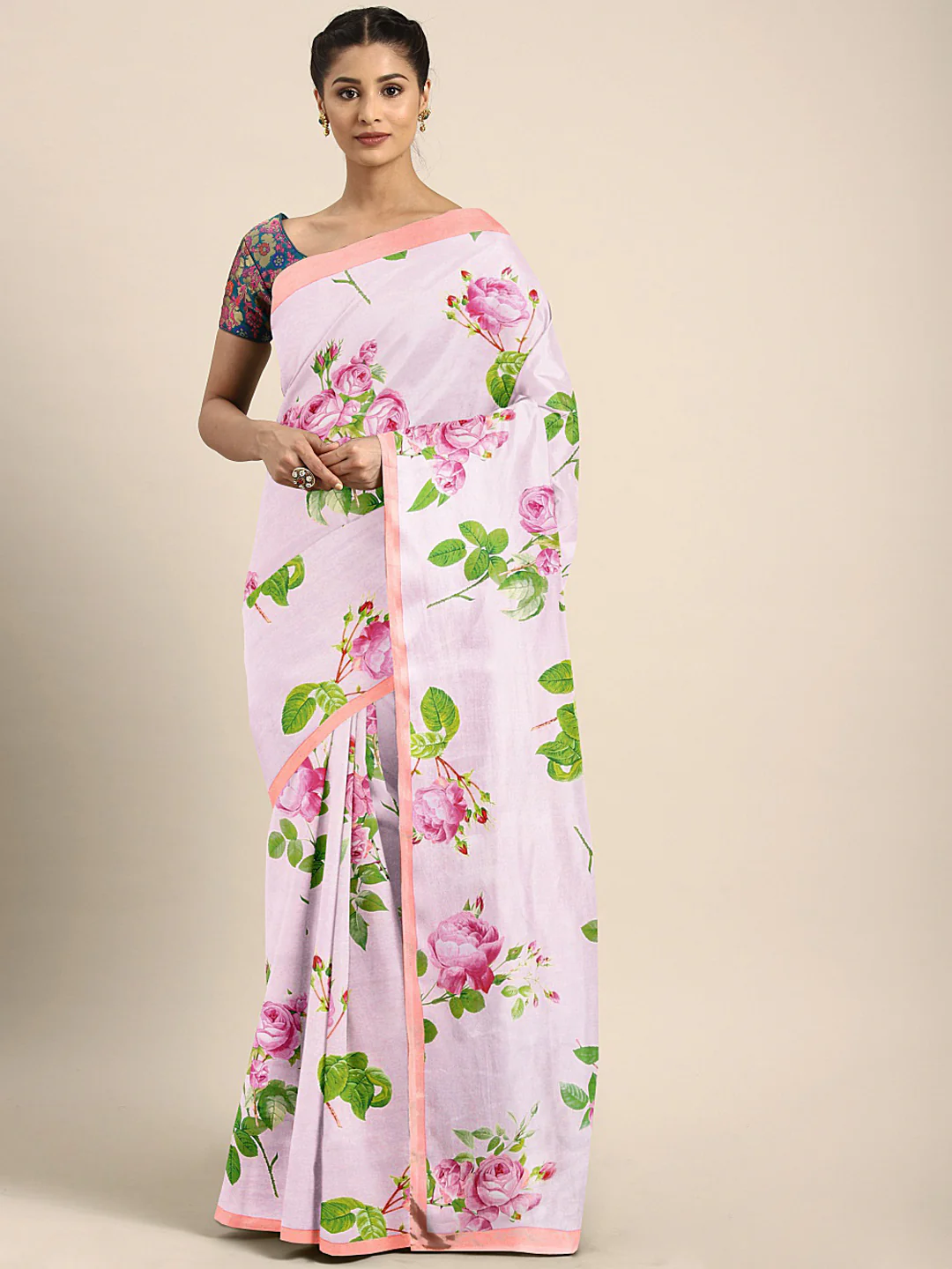 Neerus Pink Printed Saree With Blouse