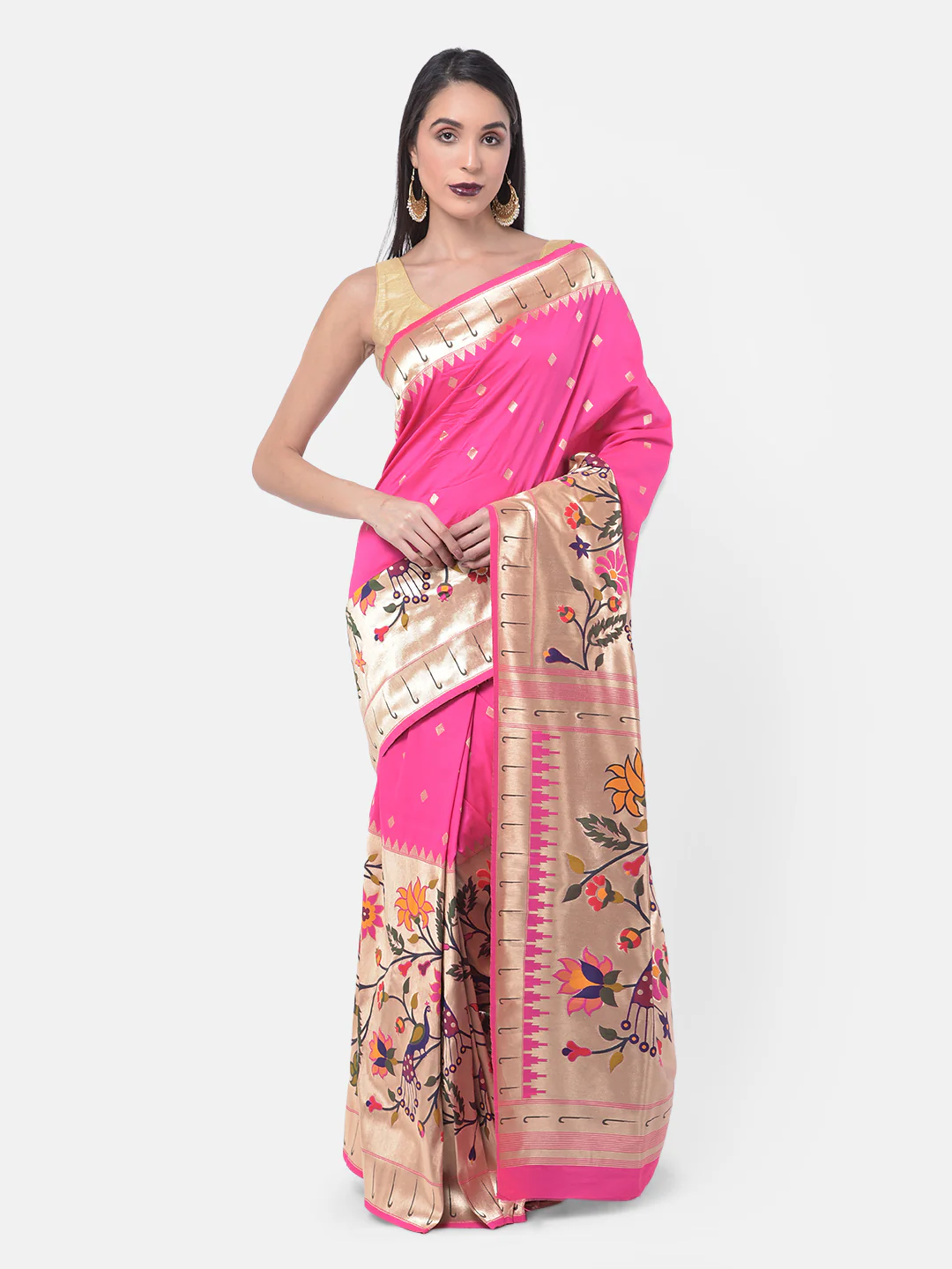 Neerus Pink Printed Saree With Blouse