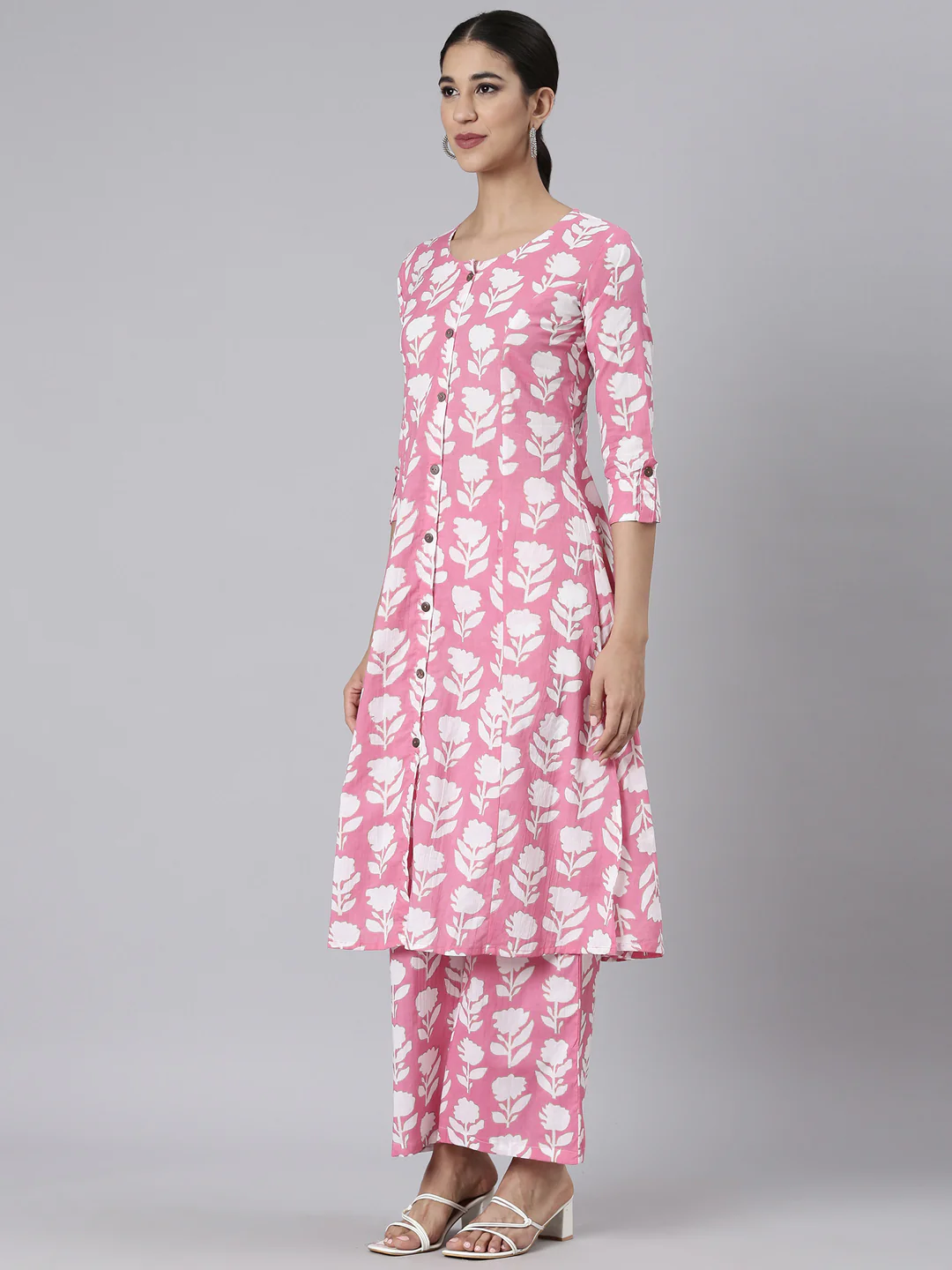 Neerus Pink Printed Straight Kurta and Palazzos - Image 2