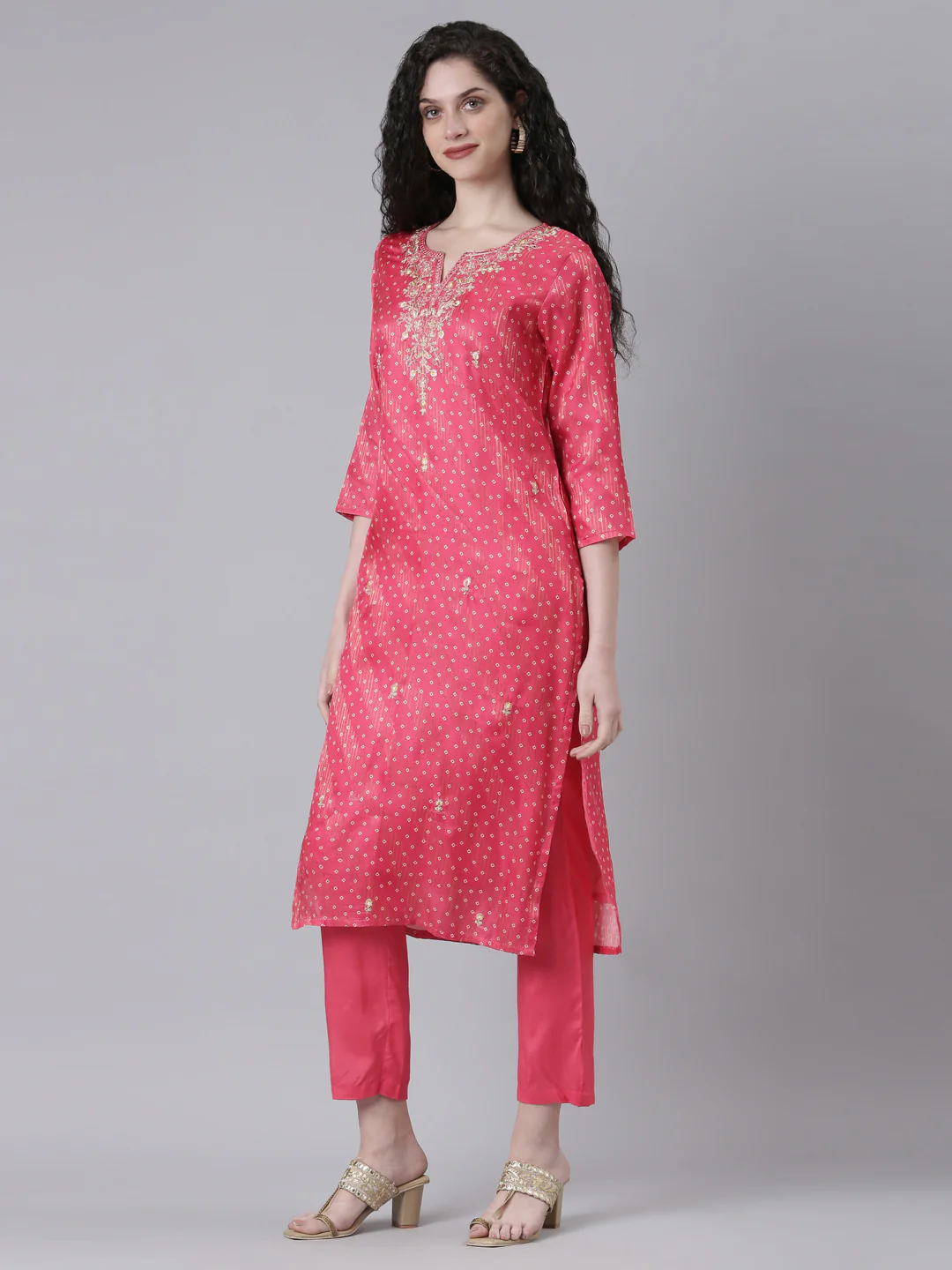 Neerus Pink Printed Straight Kurta and Trousers - Image 2