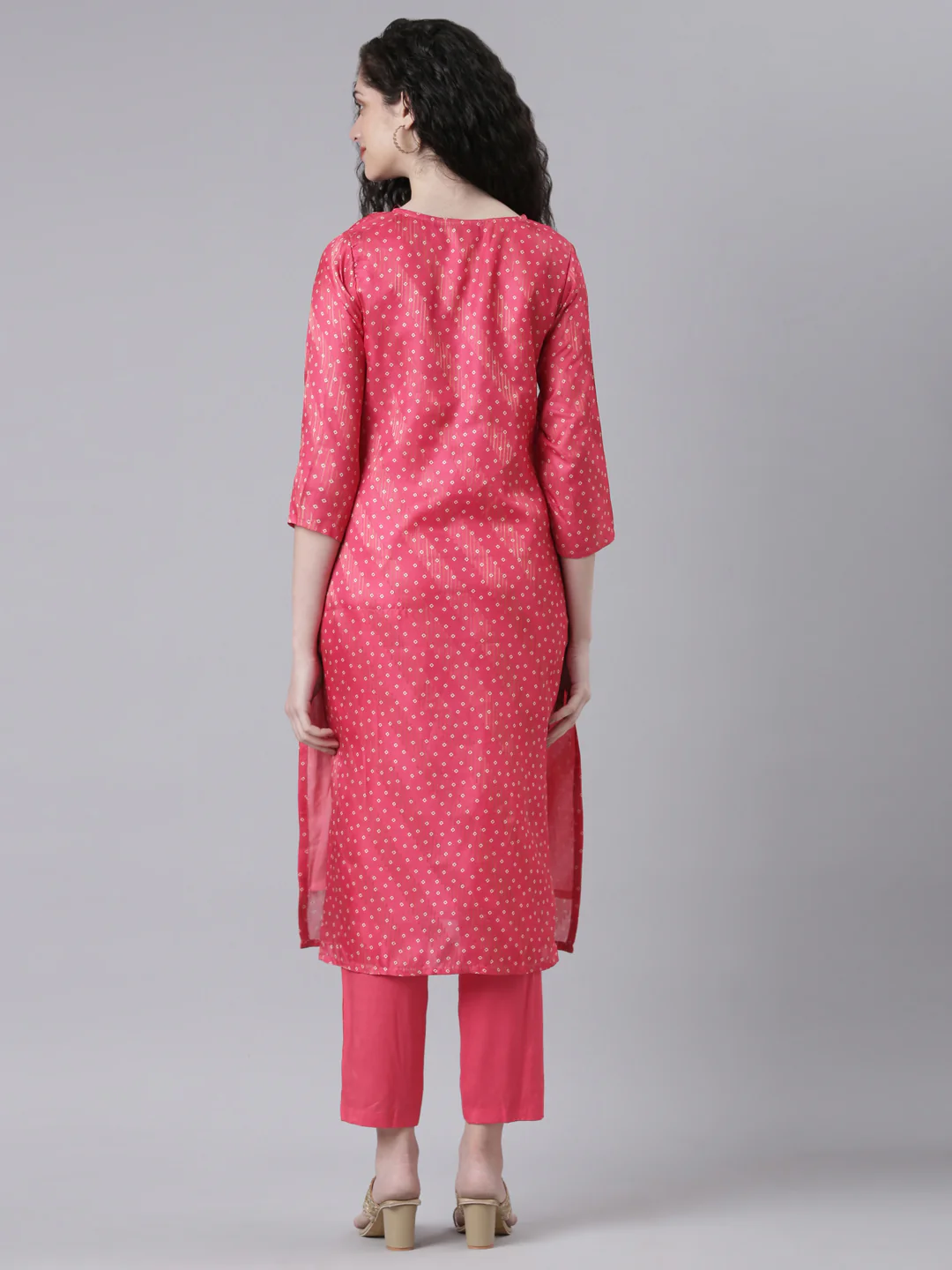 Neerus Pink Printed Straight Kurta and Trousers - Image 3