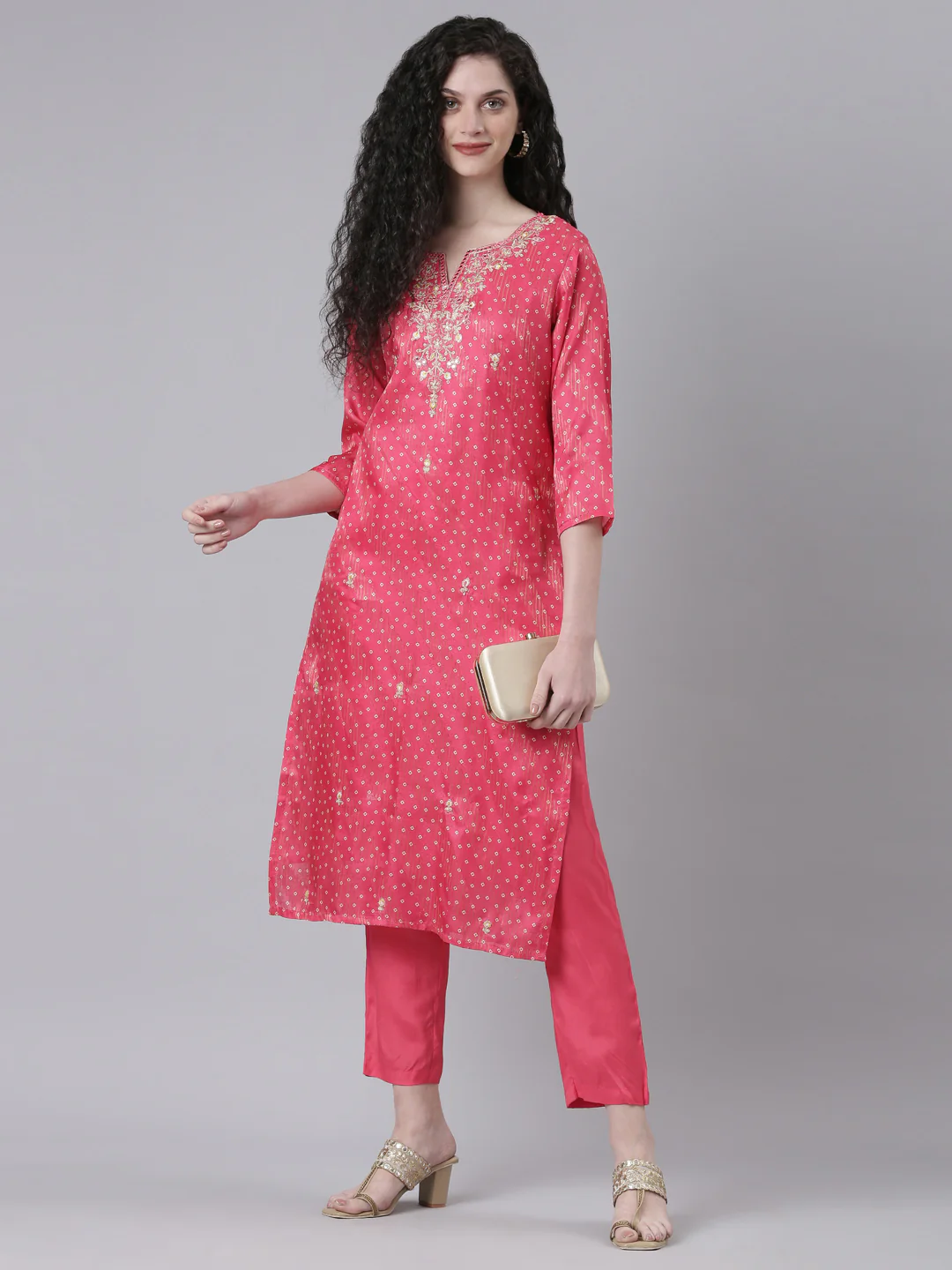 Neerus Pink Printed Straight Kurta and Trousers - Image 5