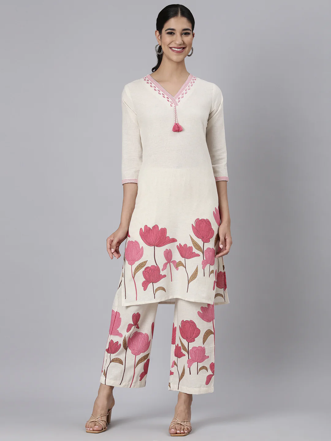 Neerus Pink Printed Straight Kurta and Trousers