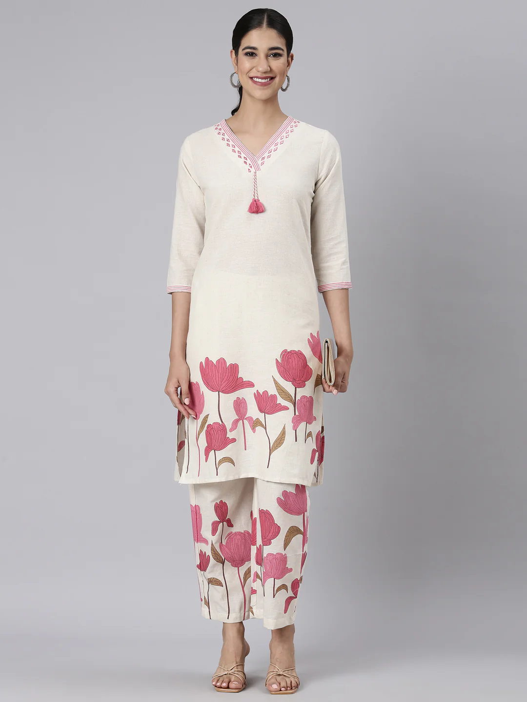 Neerus Pink Printed Straight Kurta and Trousers - Image 5
