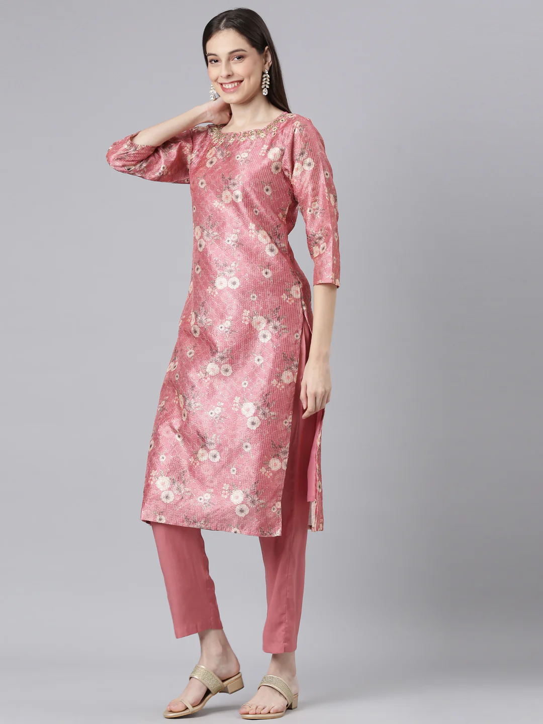 Neerus Pink Printed Straight Kurta and Trousers - Image 2