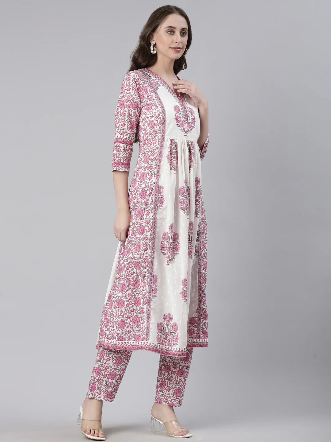 Neerus Pink Printed Straight Kurta and Trousers With Dupatta - Image 2