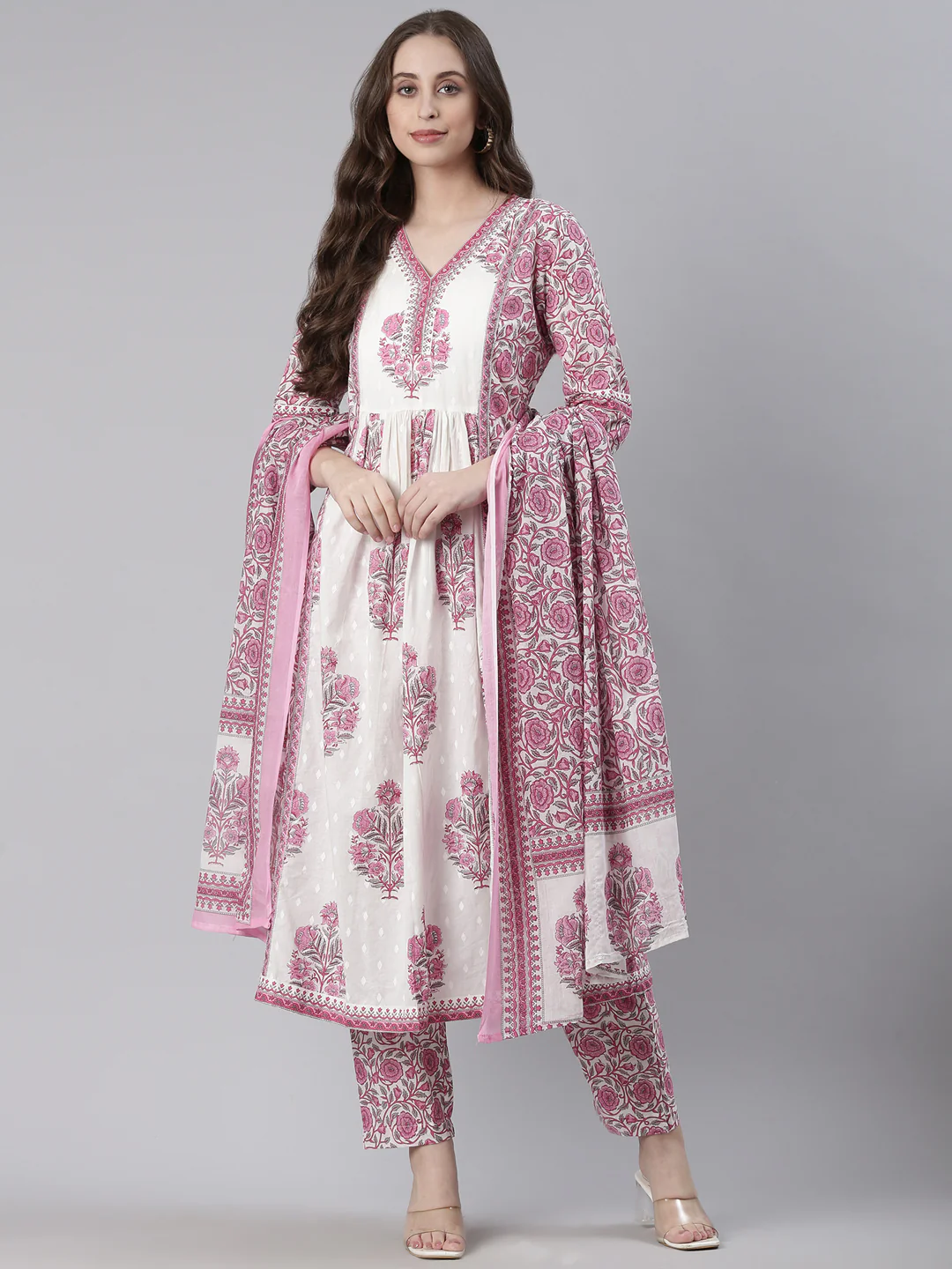 Neerus Pink Printed Straight Kurta and Trousers With Dupatta - Image 5