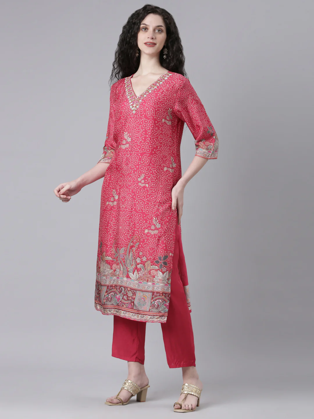 Neerus Pink Printed Straight Kurta and Trousers With Dupatta - Image 2
