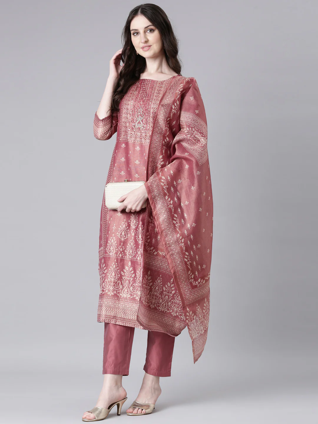 Neerus Pink Printed Straight Kurta and Trousers With Dupatta - Image 5