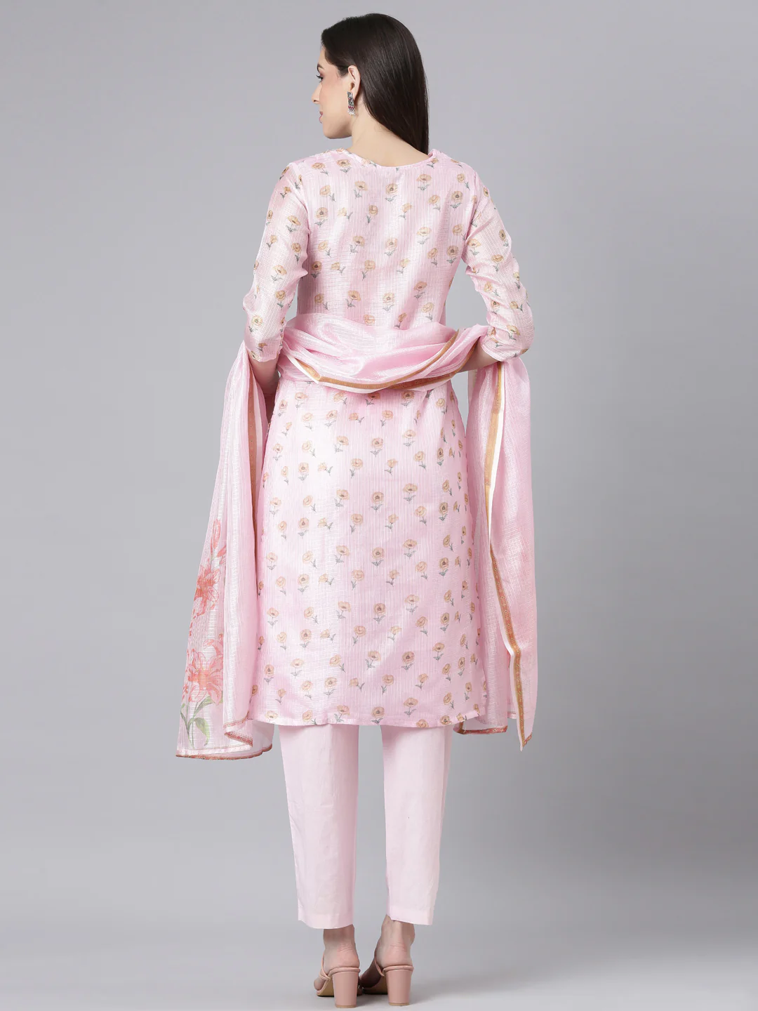 Neerus Pink Printed Straight Kurta and Trousers With Dupatta - Image 3