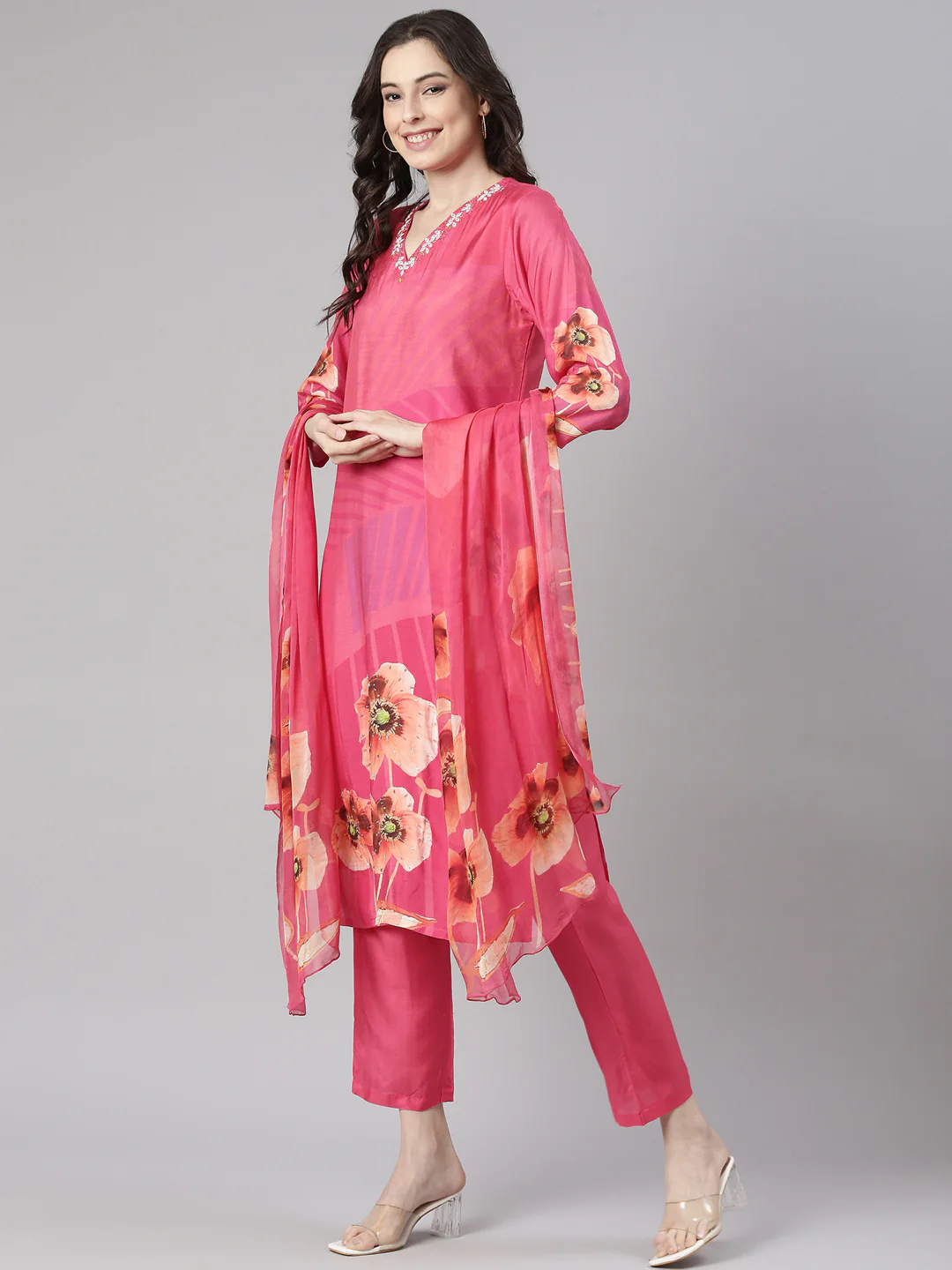 Neerus Pink Printed Straight Kurta and Trousers With Dupatta - Image 5