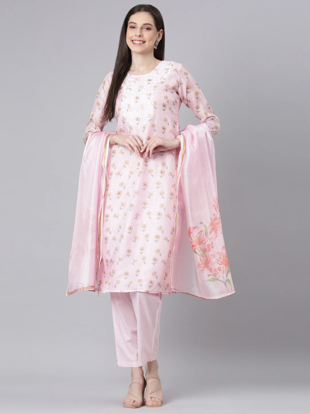 Neerus Pink Printed Straight Kurta and Trousers With Dupatta - Image 5