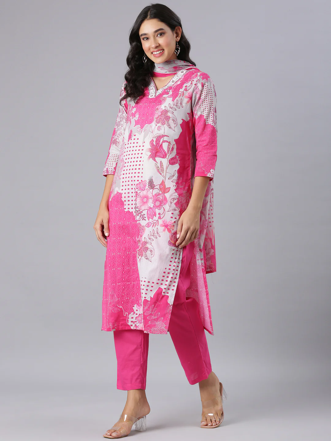 Neerus Pink Printed Straight Kurta And Trousers With Dupatta - Image 5