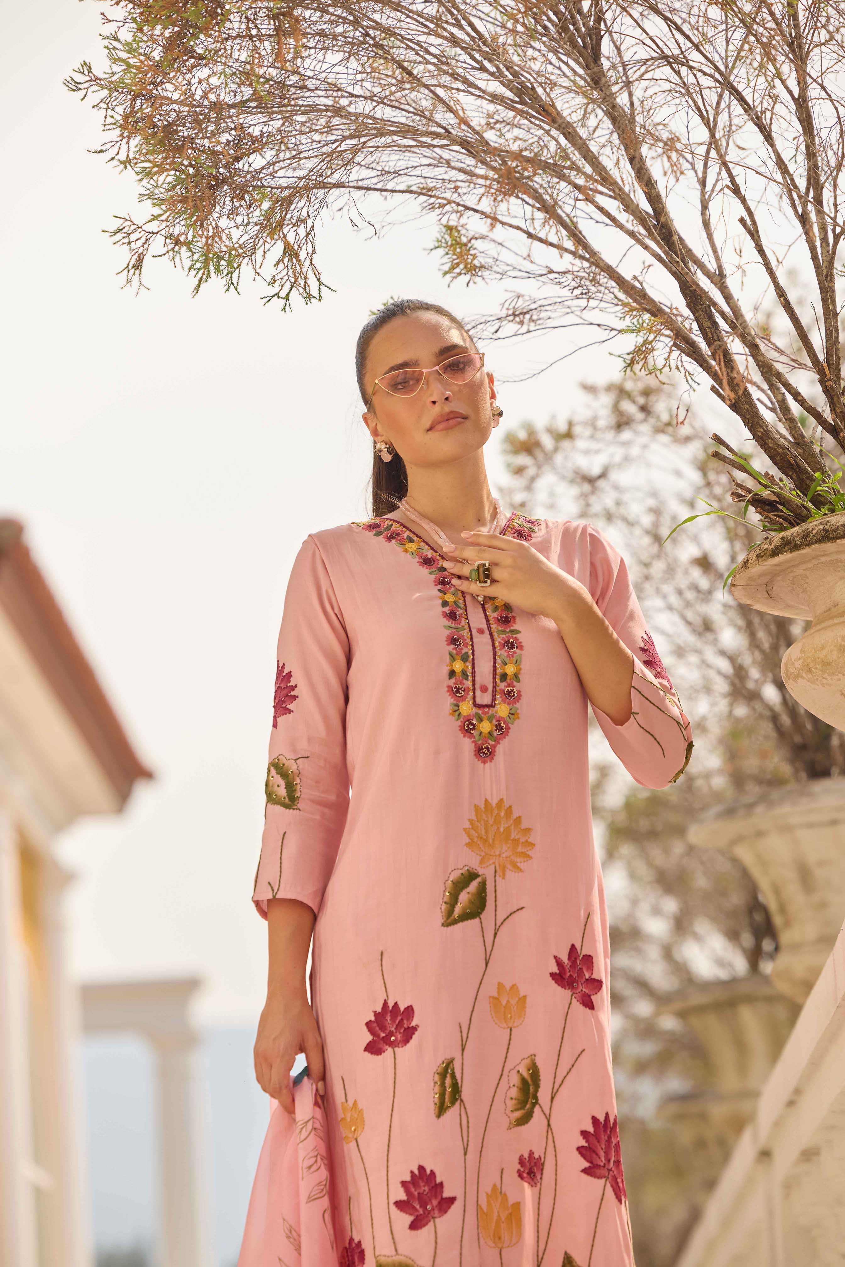 Neerus Pink Printed Straight Kurta and Trousers With Dupatta - Image 2