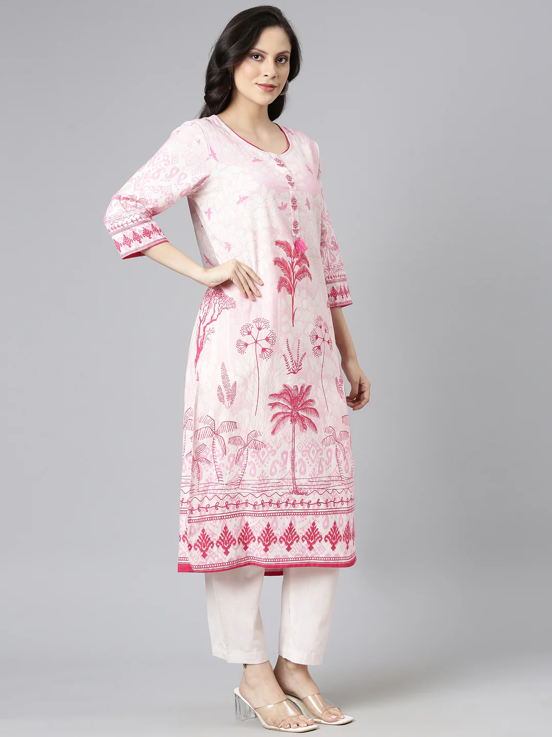 Neerus Pink Printed Straight Kurta and Trousers With Dupatta - Image 4