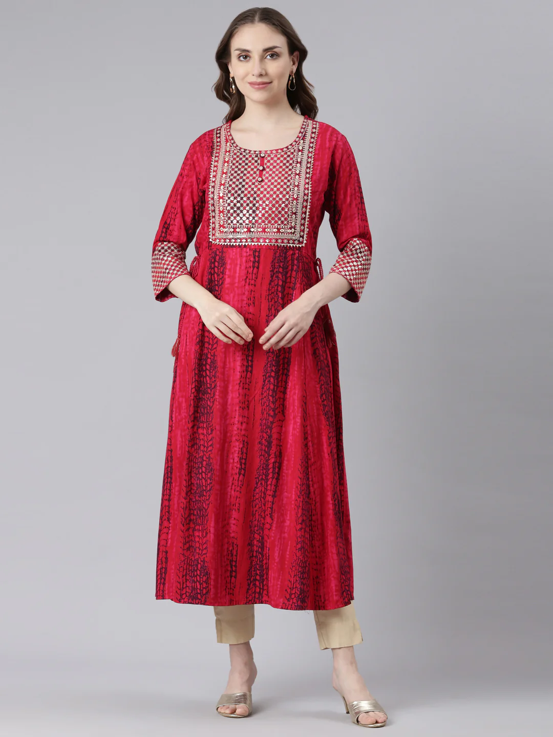 Neerus Pink Rayon Curved Casual Ethnic Motifs Anarkali Kurta.