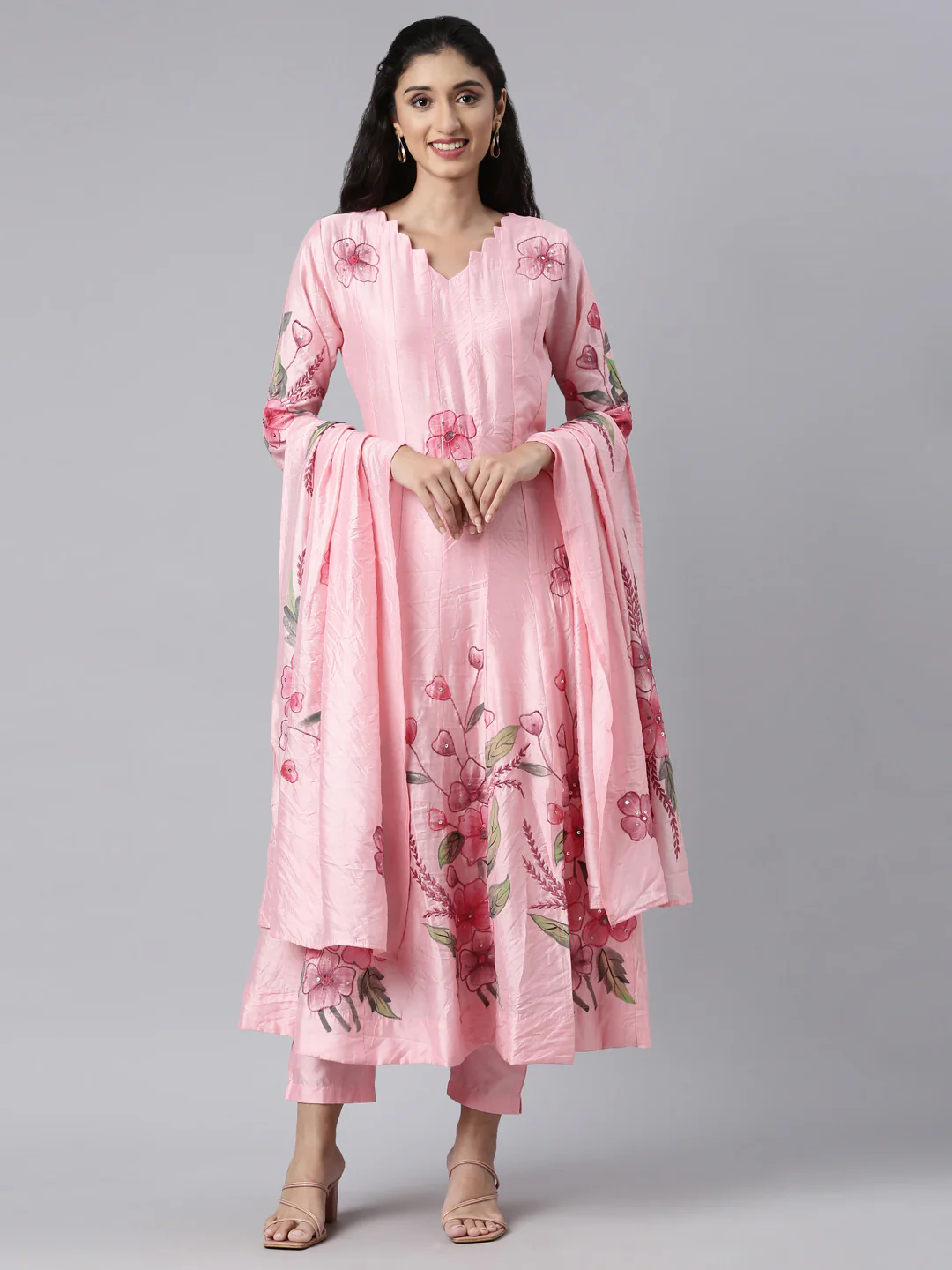 Neerus Pink Regular Anarkali Kurta and Trousers With Dupatta