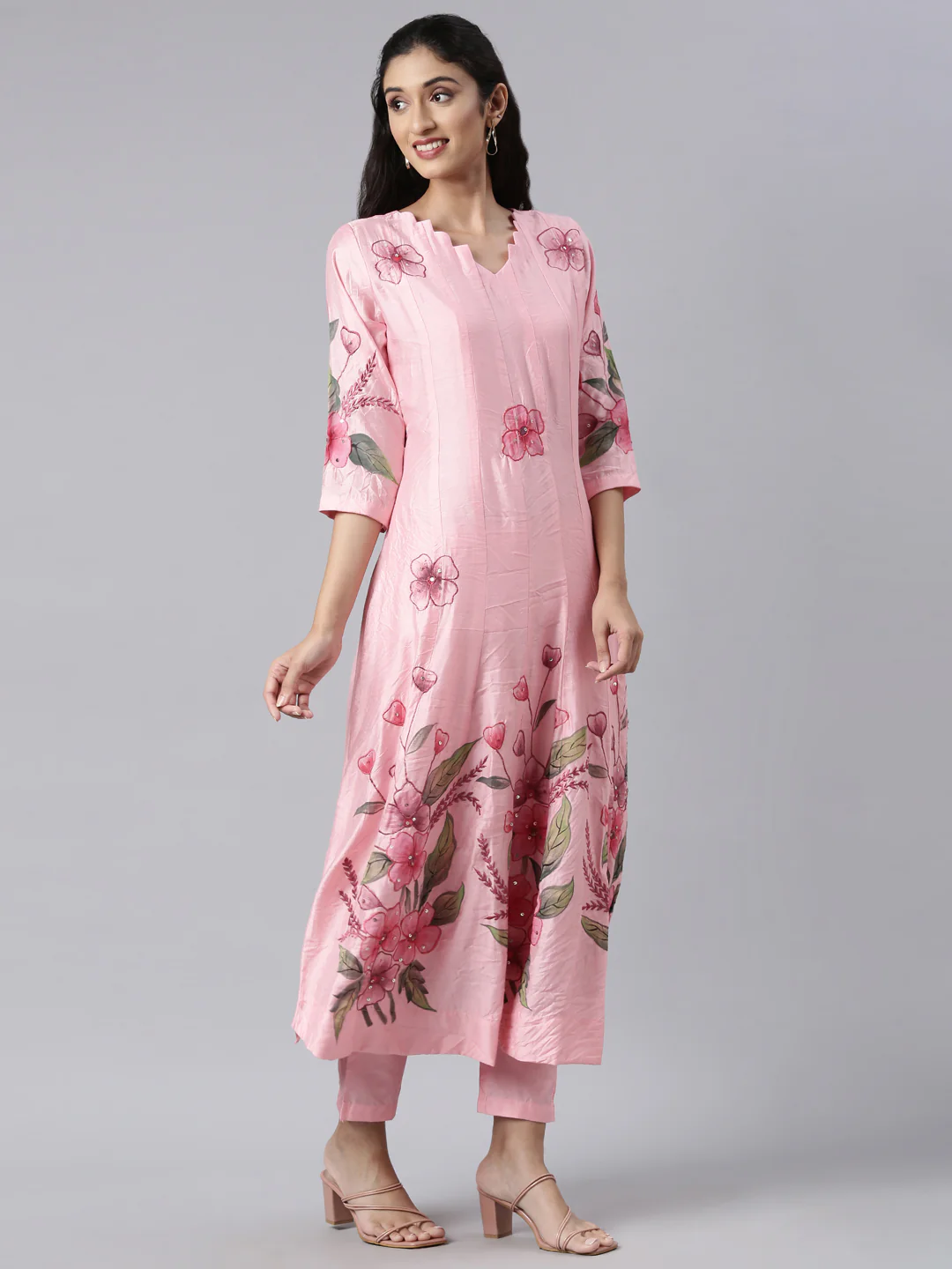 Neerus Pink Regular Anarkali Kurta and Trousers With Dupatta - Image 2