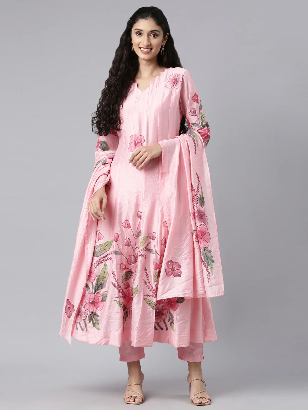 Neerus Pink Regular Anarkali Kurta and Trousers With Dupatta - Image 5