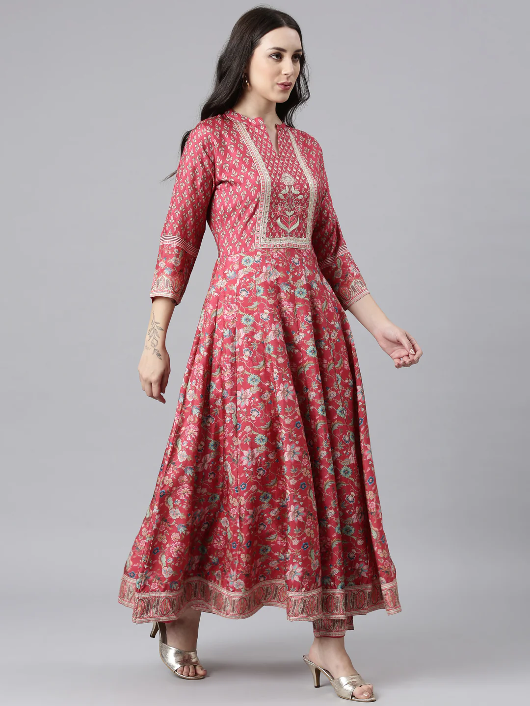 Neerus Pink Regular Anarkali Kurta and Trousers With Dupatta - Image 2