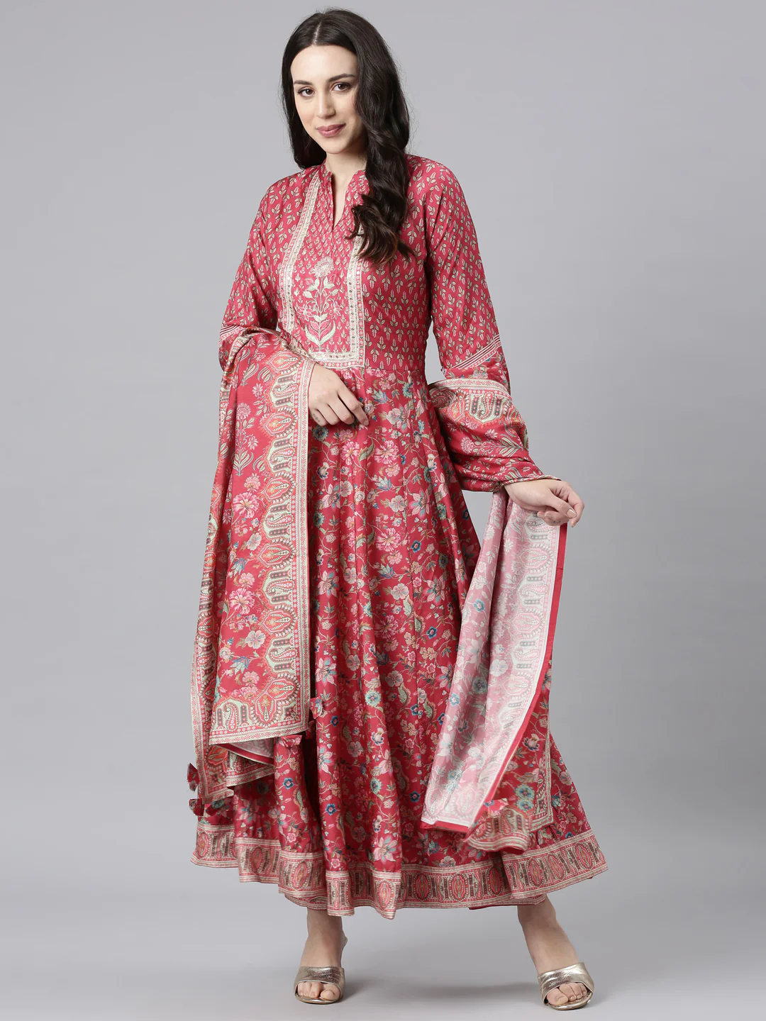 Neerus Pink Regular Anarkali Kurta and Trousers With Dupatta - Image 5