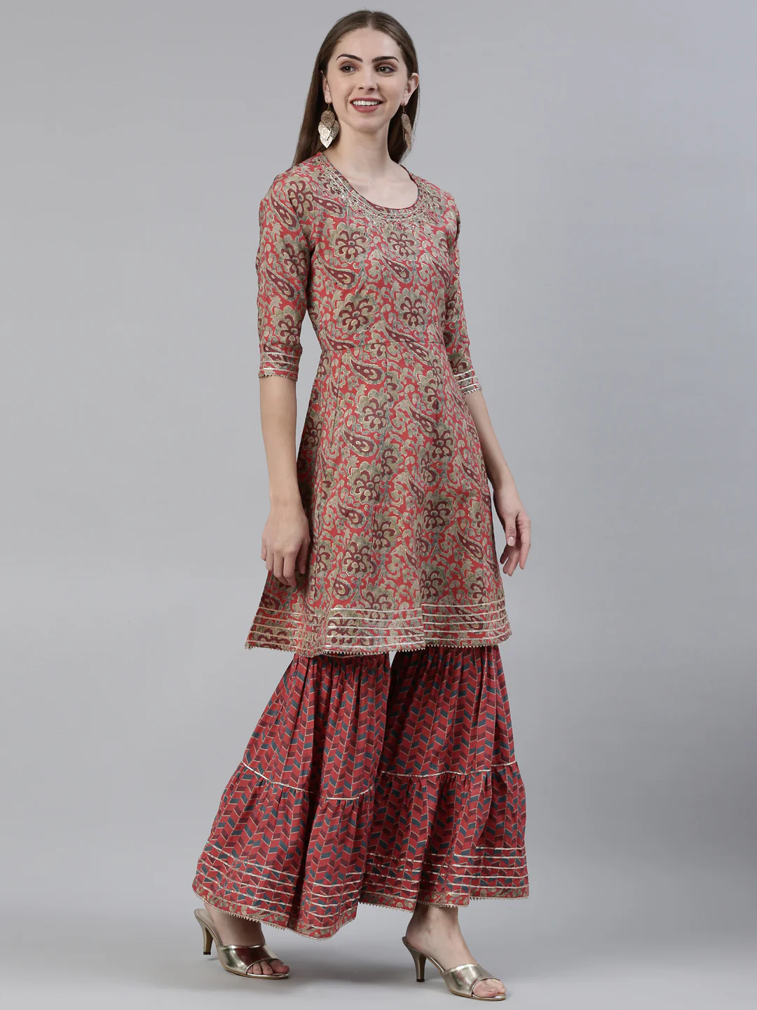 Neerus Pink Regular Calf Length Printed Kurta Printed Sharara With Dupatta - Image 2