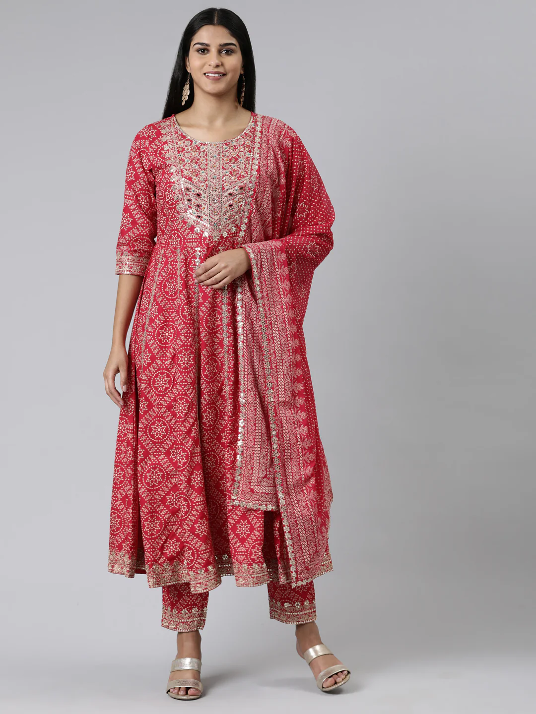 Neerus Pink Regular Calf Length Printed Kurta Printed Trousers With Dupatta