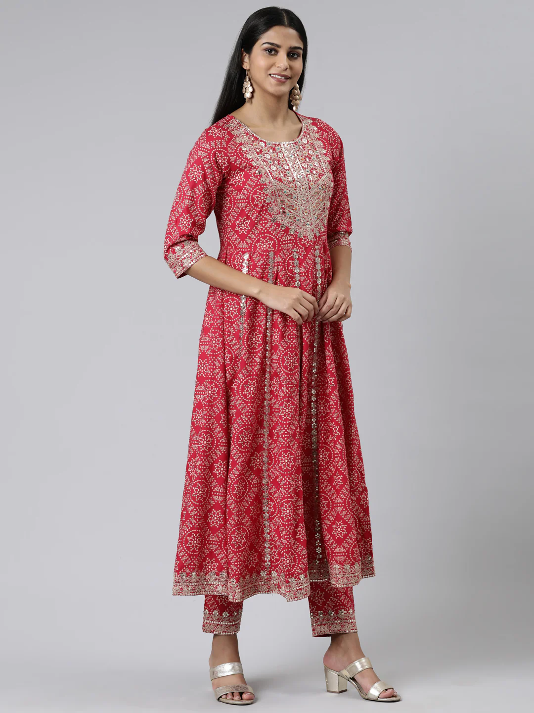 Neerus Pink Regular Calf Length Printed Kurta Printed Trousers With Dupatta - Image 2