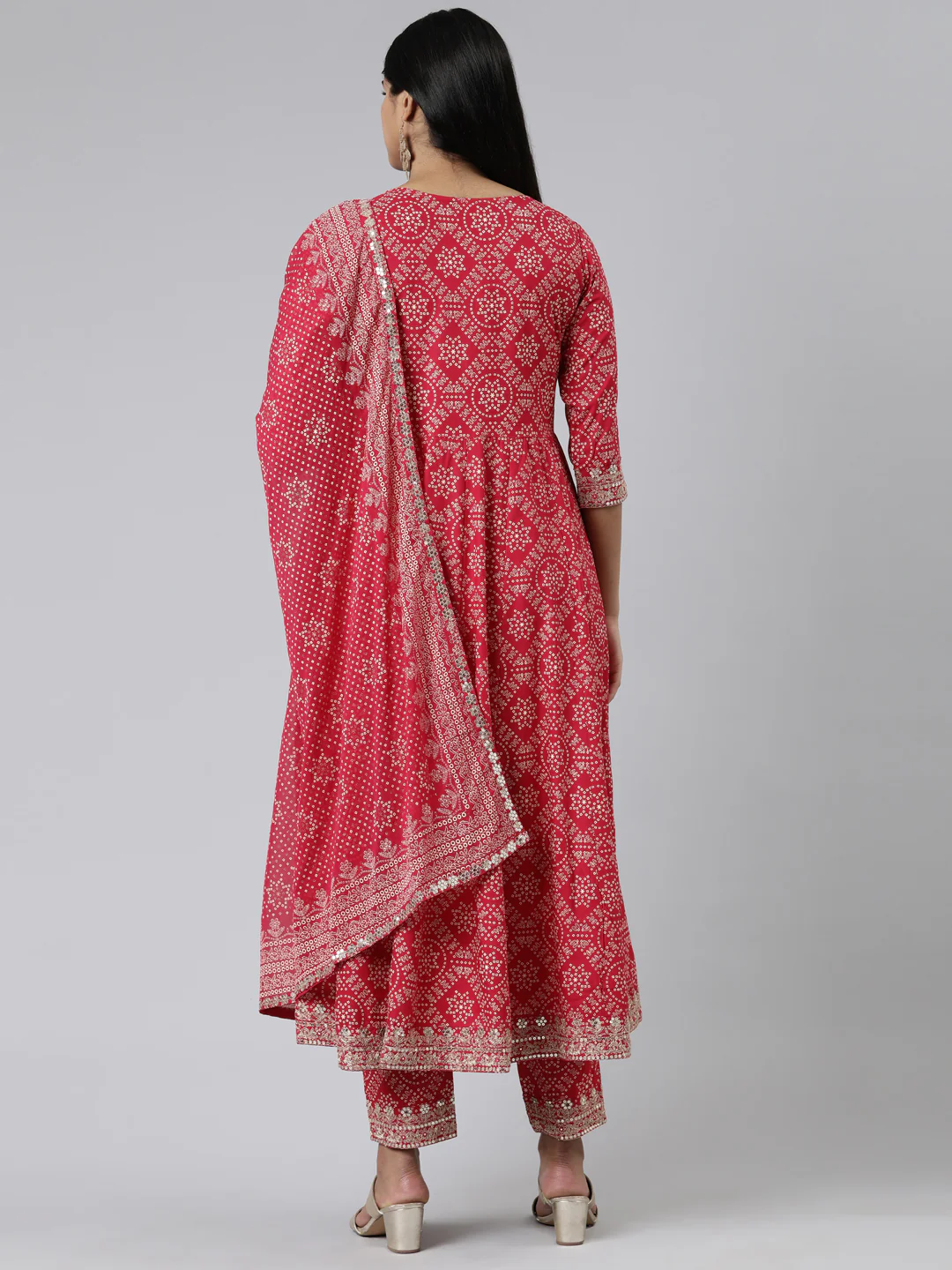Neerus Pink Regular Calf Length Printed Kurta Printed Trousers With Dupatta - Image 3
