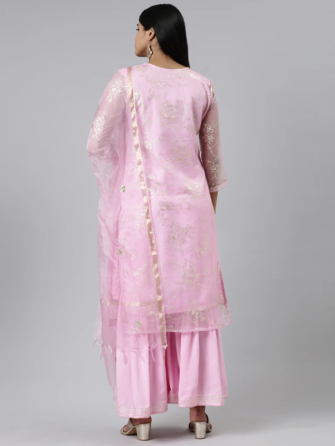 Neerus Pink Regular Calf Length Printed Kurta Solid Palazzos With Dupatta - Image 3