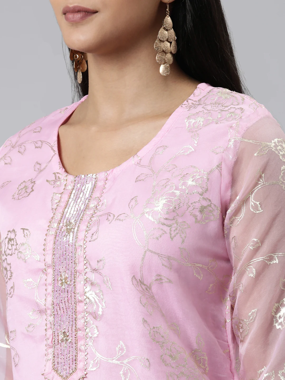 Neerus Pink Regular Calf Length Printed Kurta Solid Palazzos With Dupatta - Image 4