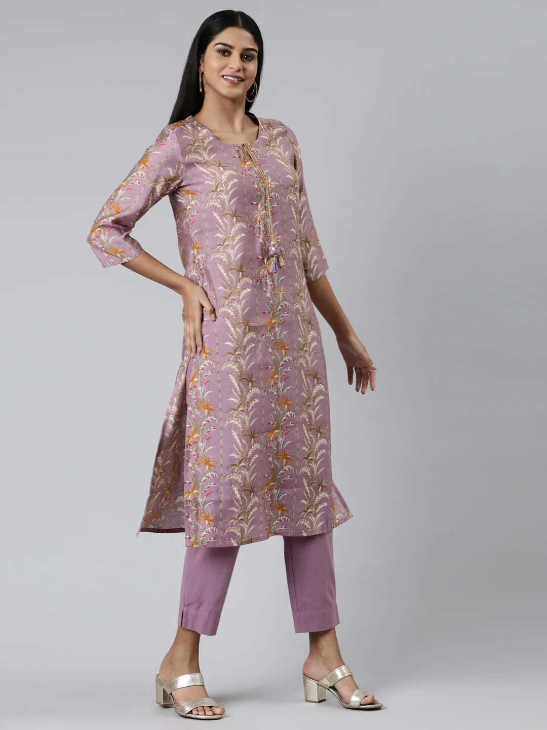 Neerus Pink Regular Calf Length Printed Kurta Solid Trousers - Image 2