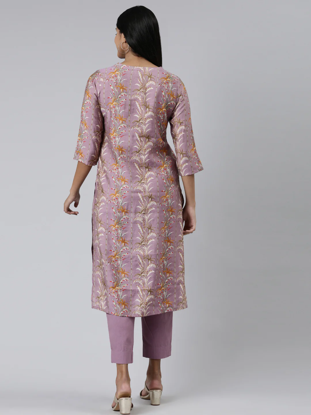 Neerus Pink Regular Calf Length Printed Kurta Solid Trousers - Image 3