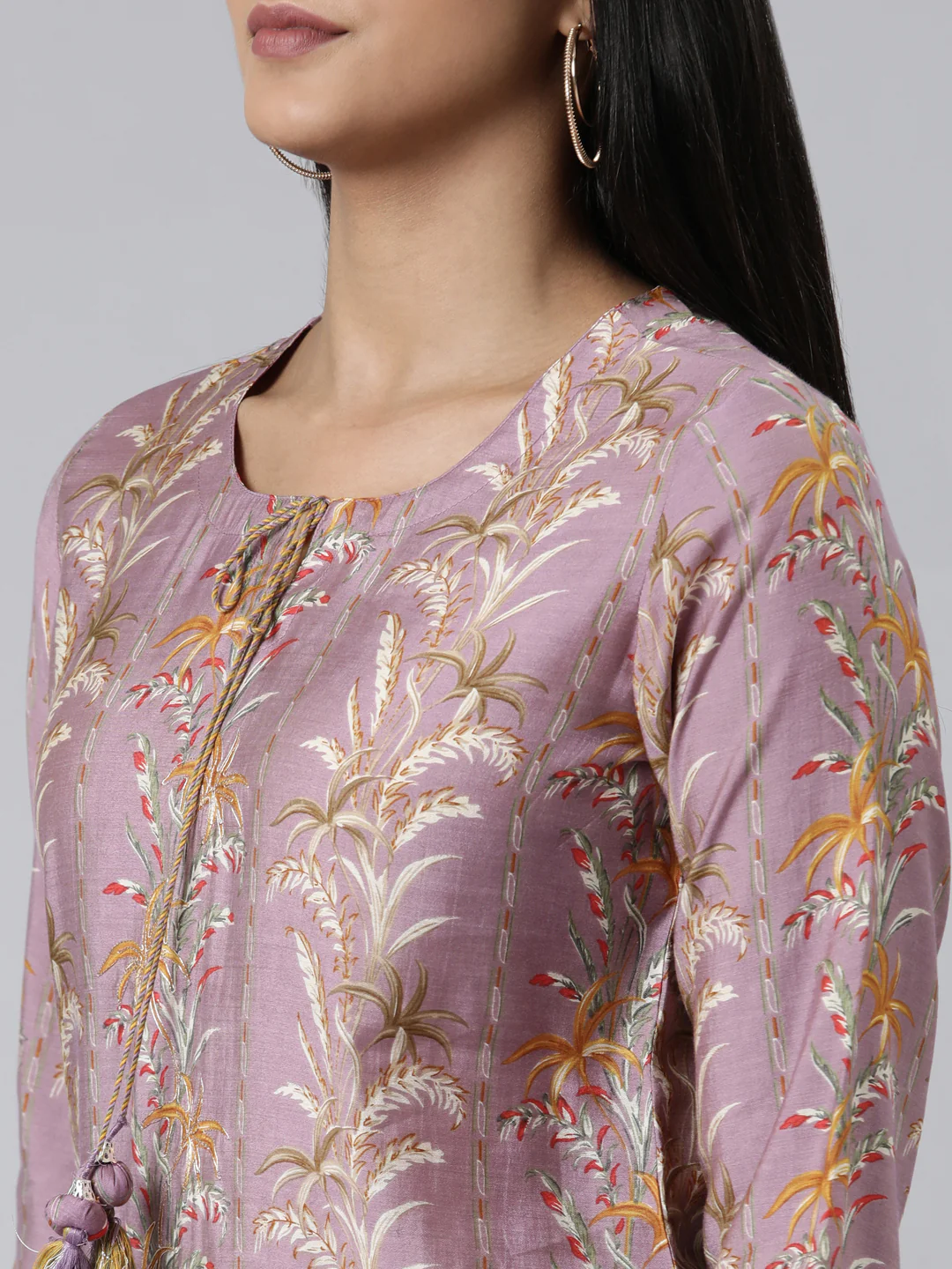 Neerus Pink Regular Calf Length Printed Kurta Solid Trousers - Image 4