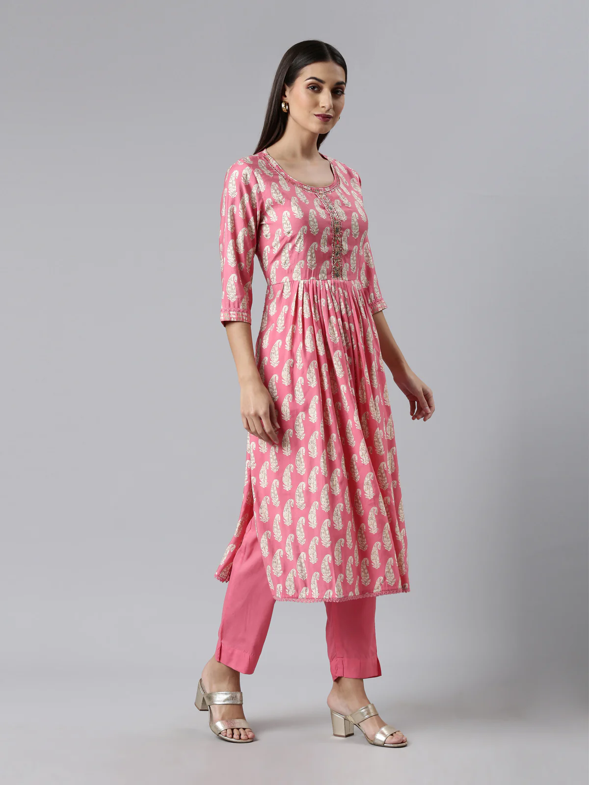 Neerus Pink Regular Calf Length Printed Kurta Solid Trousers With Dupatta - Image 2