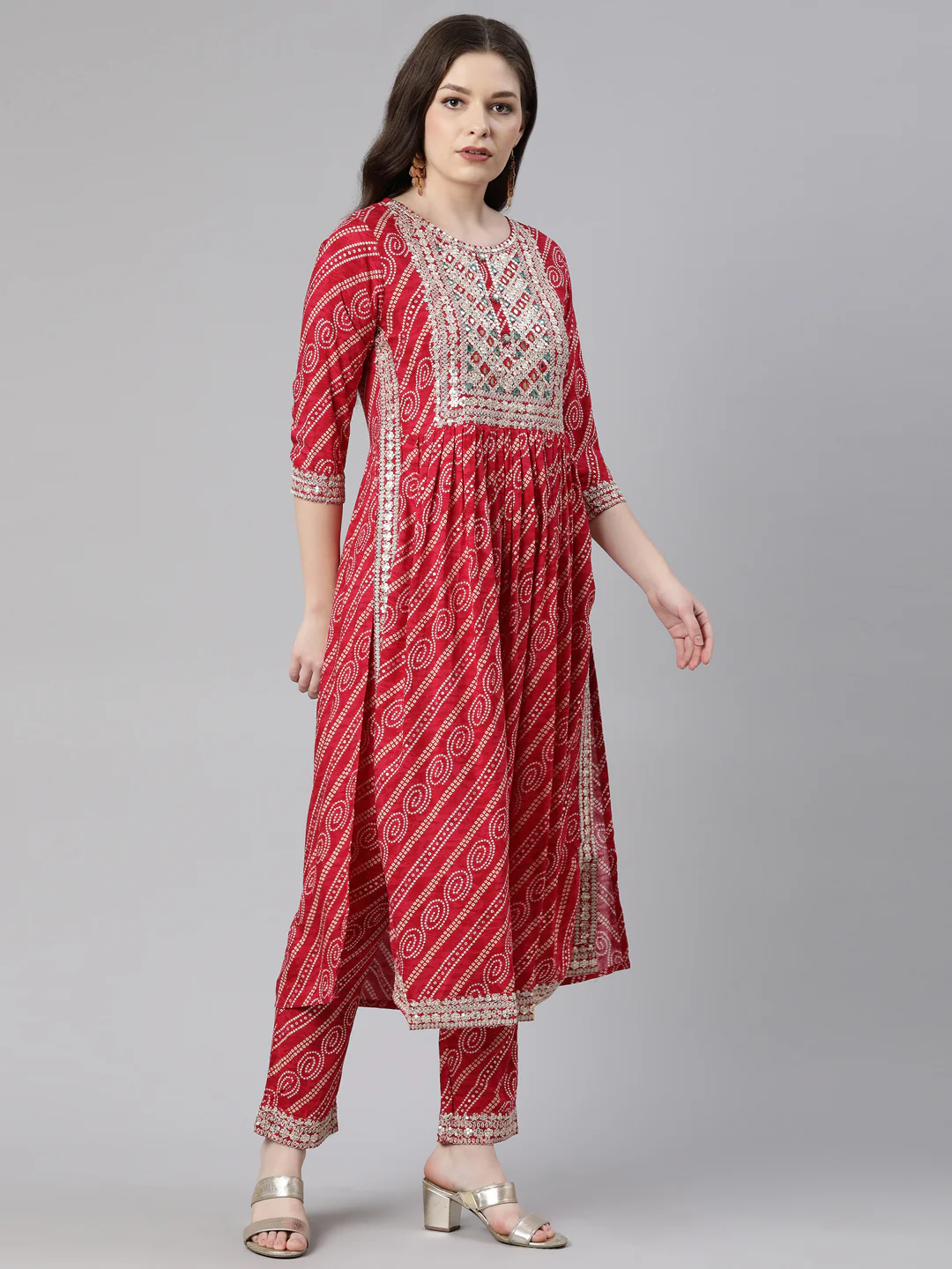 Neerus Pink Regular Calf Length Printed Kurta Solid Trousers With Dupatta - Image 2
