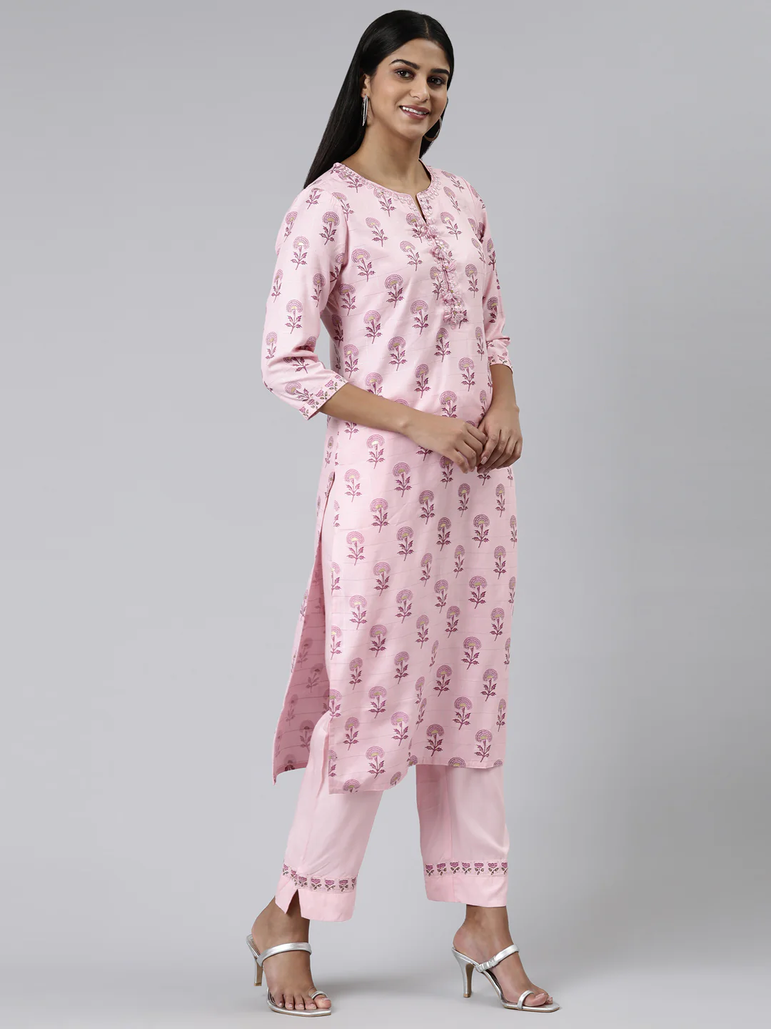 Neerus Pink Regular Calf Length Printed Kurta Solid Trousers With Dupatta - Image 2