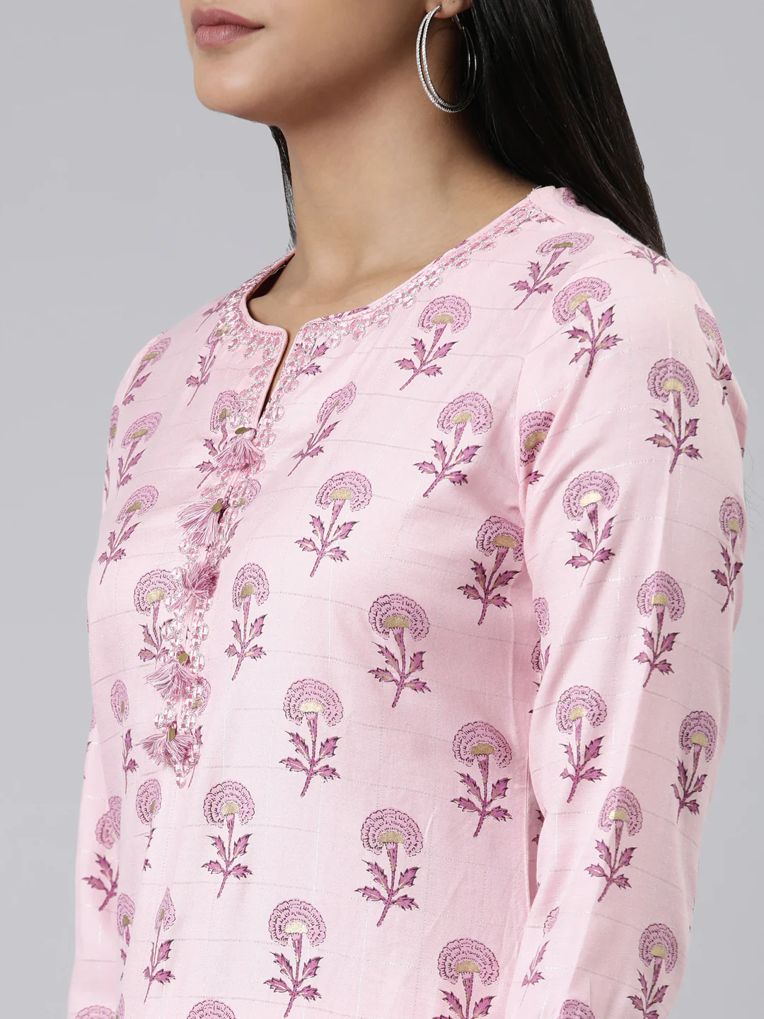 Neerus Pink Regular Calf Length Printed Kurta Solid Trousers With Dupatta - Image 3