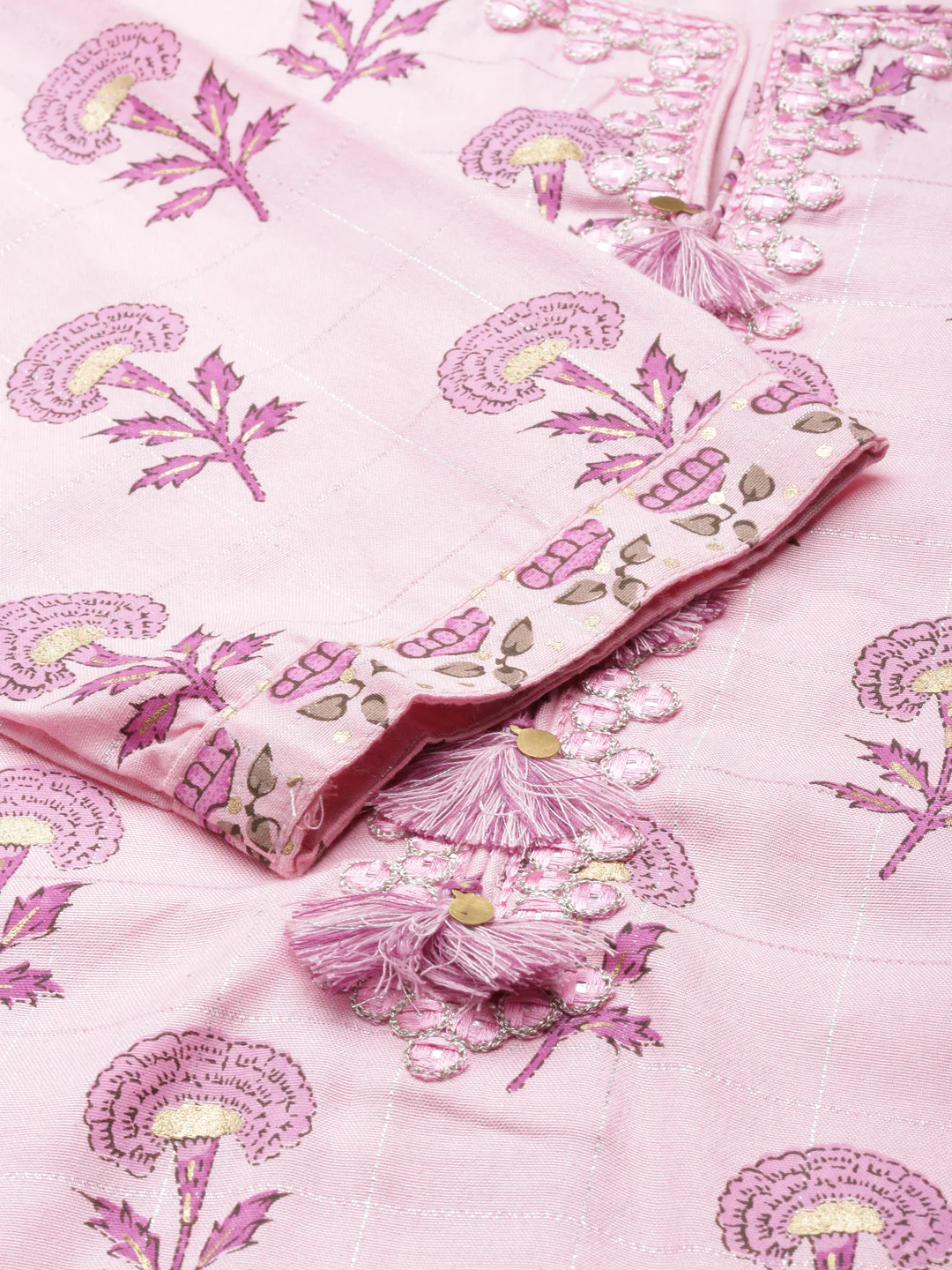 Neerus Pink Regular Calf Length Printed Kurta Solid Trousers With Dupatta - Image 4